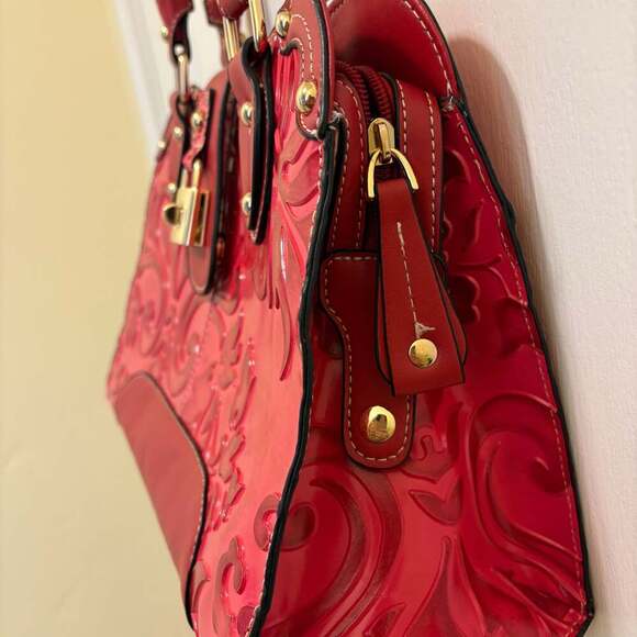 Madi Claire Red Embossed Genuine Leather Satchel Handbag With Feet - Picture 4 of 8